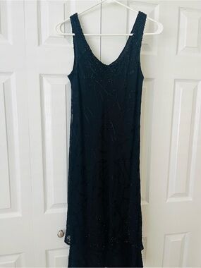Women's Black Beaded V-Neck Evening Dress